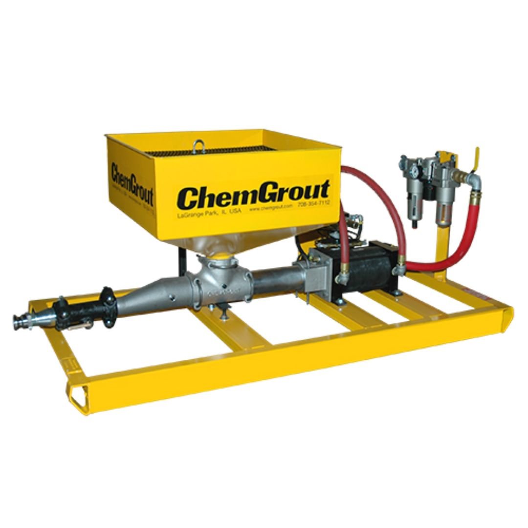 ChemGrout grout pump skid with hopper, pump body, air controls, and hose connections