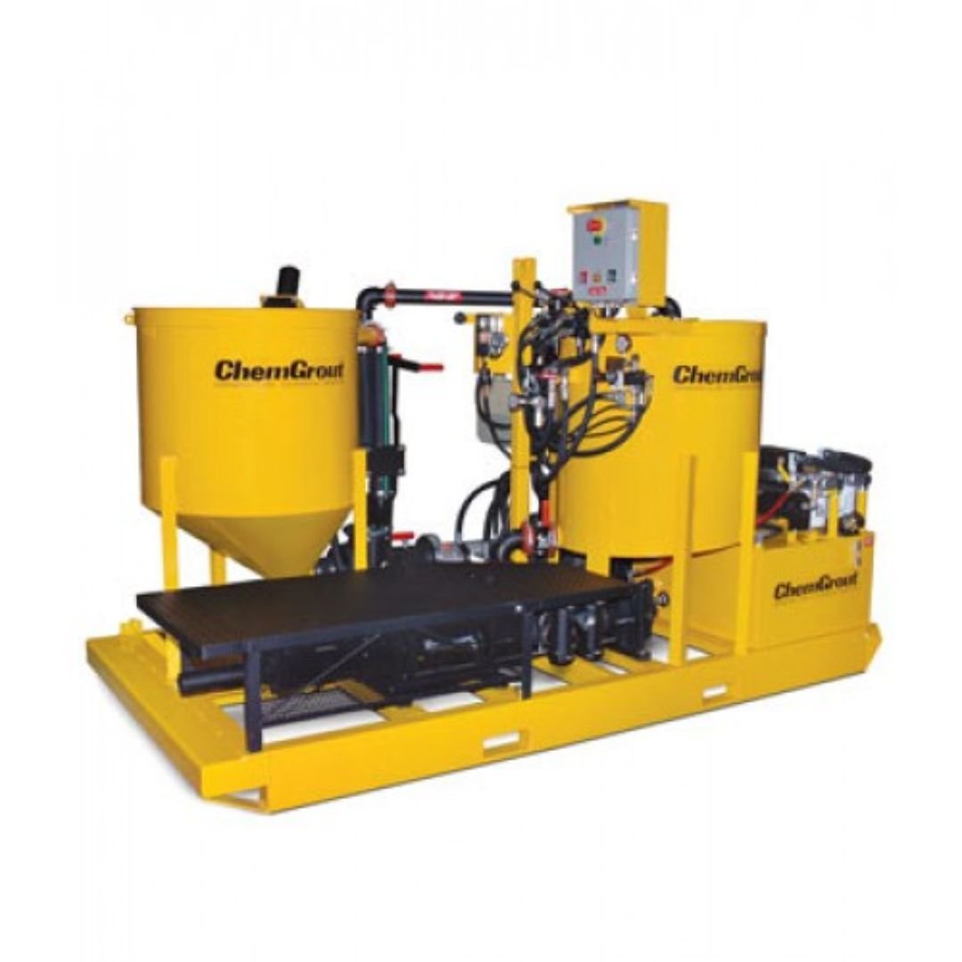 High-capacity grout mixing plant with mixer, agitator, pump, and control panel